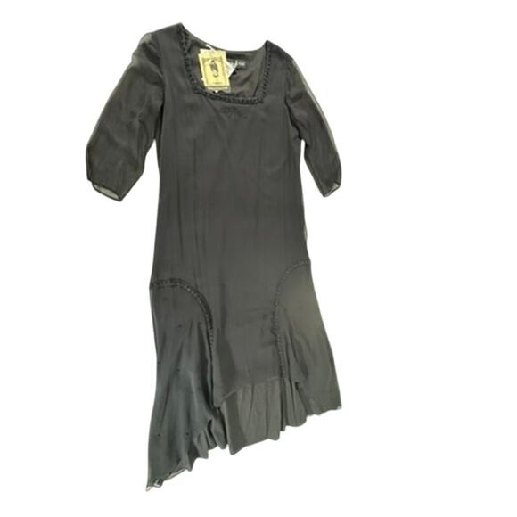 NWT!! "WEDNESDAY'S CHILD" Blk 100% Silk Sheer Beaded Dress Goth Hi Low Hem SZ M - Picture 4 of 15